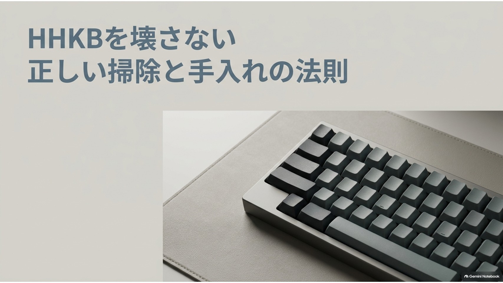 HHKBキーボードの写真と「HHKBを壊さない 正しい掃除と手入れの法則」というタイトルを配置したスライド。HHKBのキーキャップ清掃や日常のメンテナンス方法を解説する記事全体のテーマを示している。