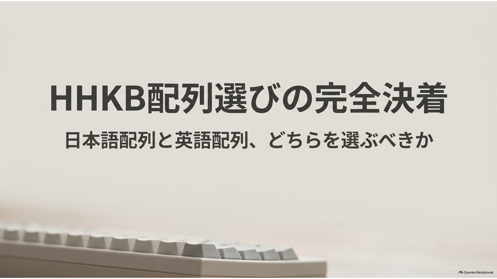 HHKBの日本語配列と英語配列の選び方を示すタイトル画像。白いキーボードを背景に、配列選びのテーマが大きく表示されている。