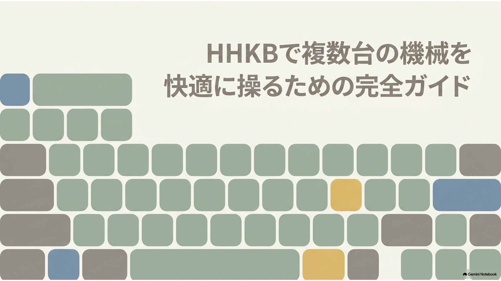 HHKBでWindowsパソコン、Mac、タブレットなど複数台の機器を快適に使い分けるためのペアリングと接続切り替え方法を解説する導入スライド。HHKBのキー配列をイメージした図と「複数台の機械を快適に操るための完全ガイド」というテーマを示している。