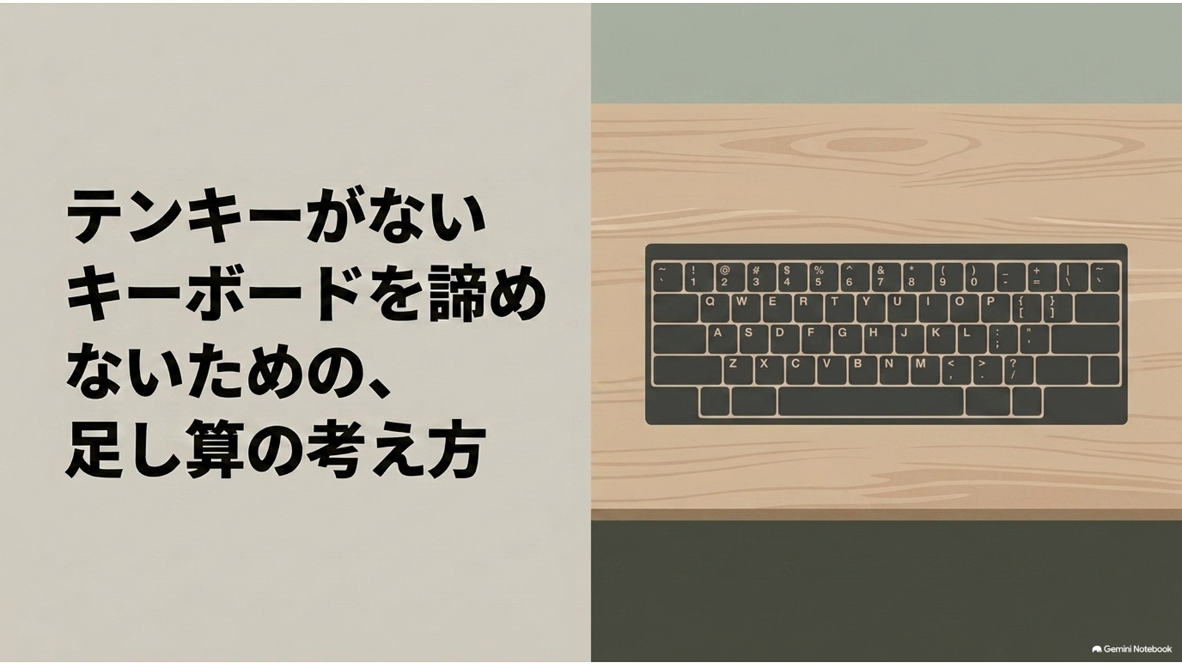 テンキーがないキーボードを諦めず、外付けテンキーで数字入力を補う考え方を示したスライド。