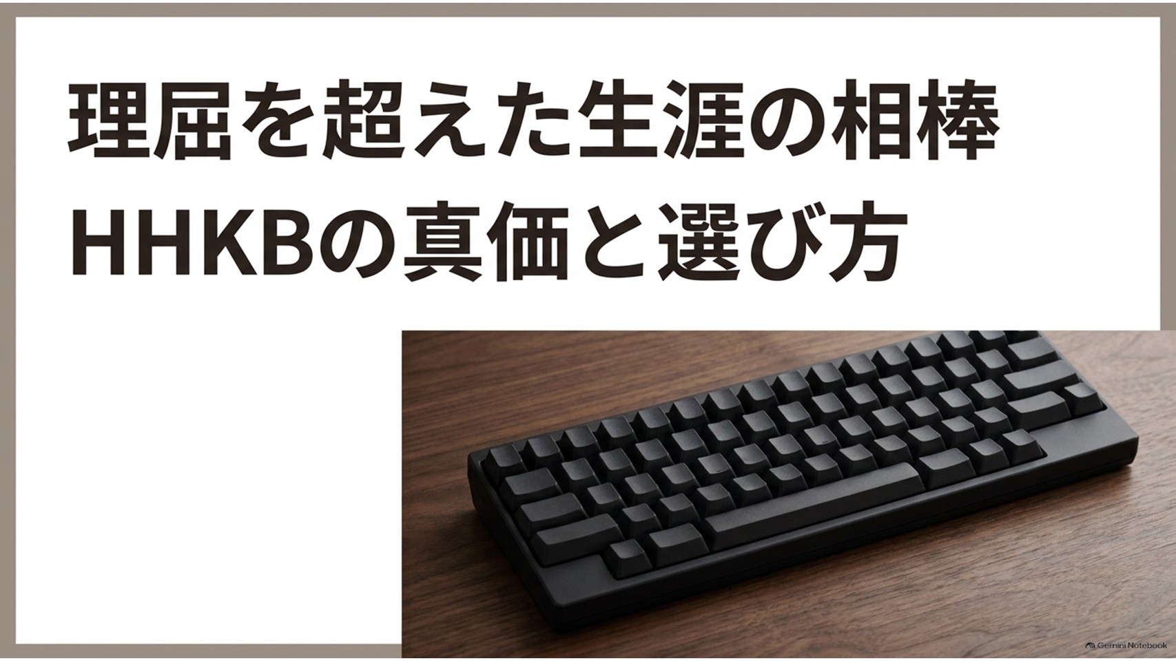 「理念を超えた生涯の相棒 HHKBの真価と選び方」というタイトルと黒いコンパクトキーボードの写真を組み合わせ、HHKBの特徴や価値、モデル選びを解説する記事全体のテーマを示したスライド。