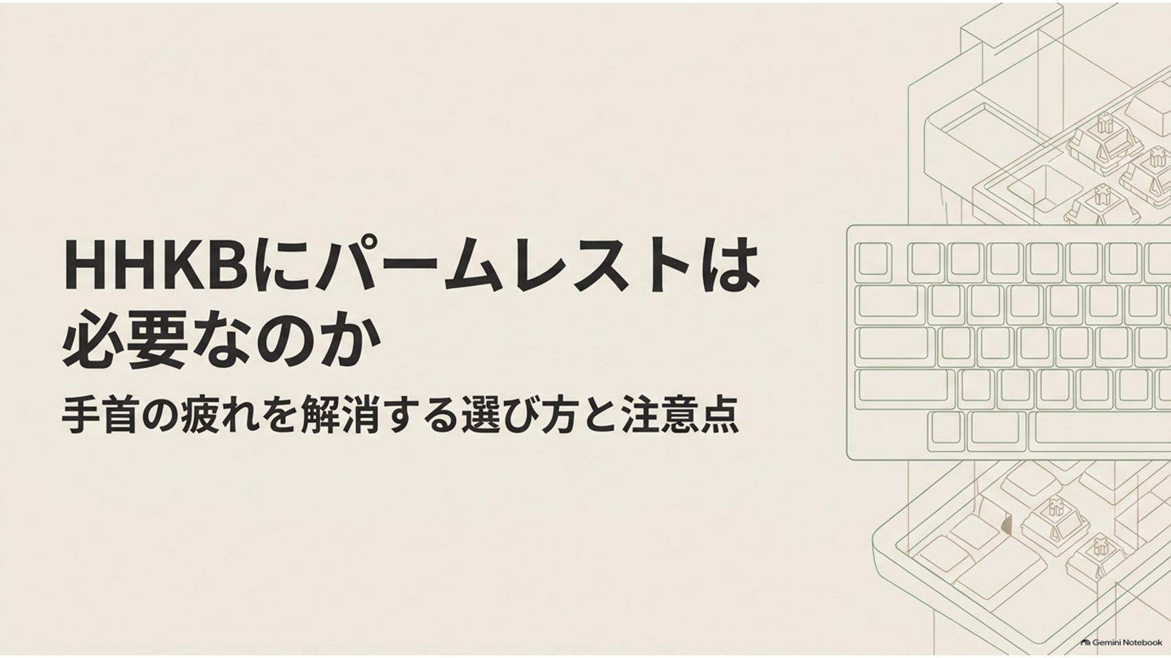 HHKBにパームレストが必要かどうかを解説するスライド。HHKBのキーボードをモチーフに、手首の疲れを解消するためのパームレストの選び方と注意点を紹介する記事全体のテーマを示している。