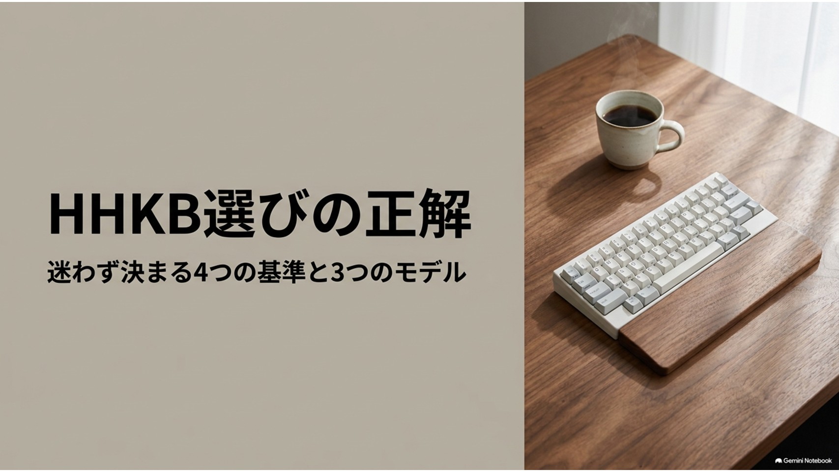 HHKB選びで迷わないための基準を示すアイキャッチ画像。木目のデスクに白いHHKB、パームレスト、コーヒーカップが置かれている。