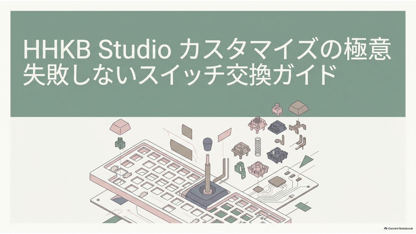 HHKB Studioのキーキャップとキースイッチ交換を解説するガイド画像。キーボード、ポインティングスティック、交換用スイッチ、工具が分解図のように配置されている。