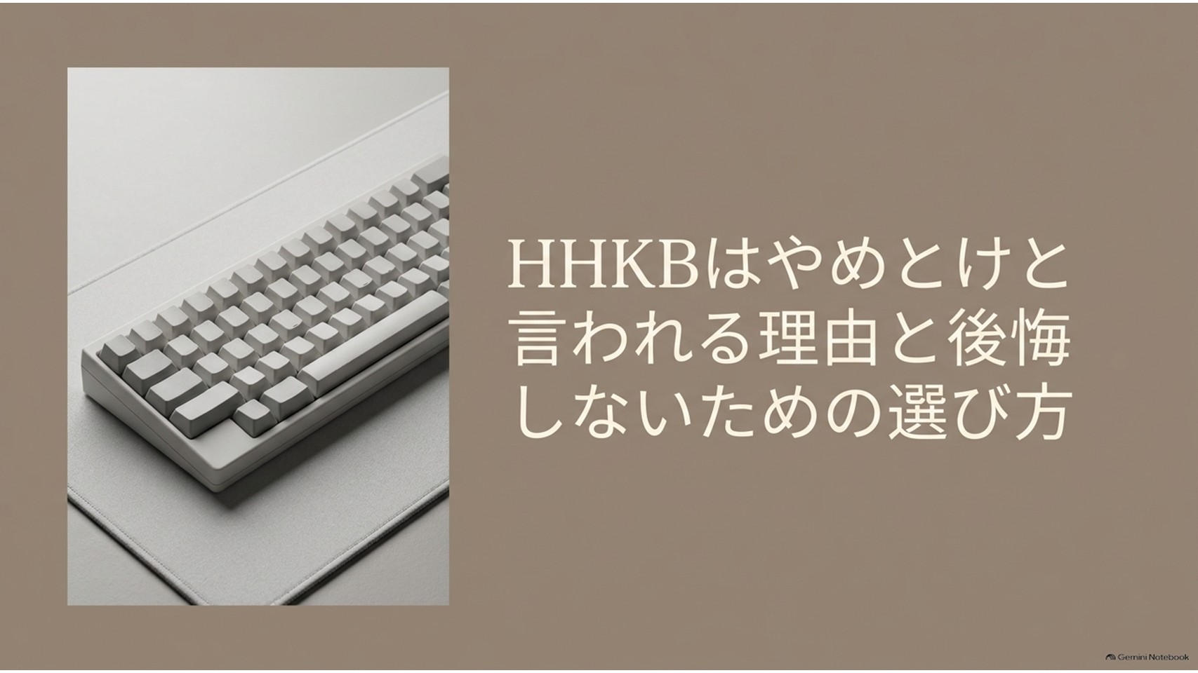 HHKBの写真と「HHKBはやめとけと言われる理由と後悔しないための選び方」という文字を配置した記事導入用スライド。